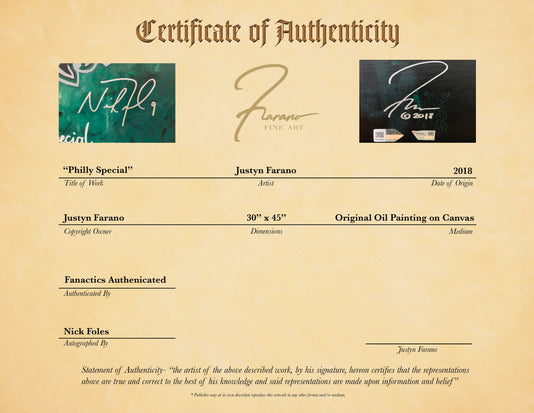 philadelphia eagles logo "philly special" 30x45 orig, auto foles