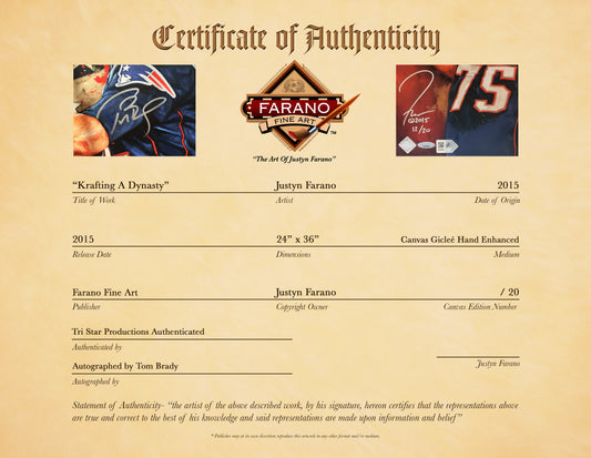 ne patriots, "krafting a dynasty" 24x36 auto aroc w/ brady only, l.e. 20