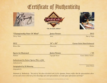 eli manning, "championship state of mind" 24x36 auto aroc, l.e. 25