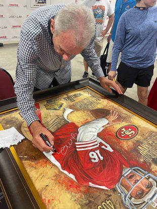 joe montana, "hardware hero" 30x45 orig auto montana