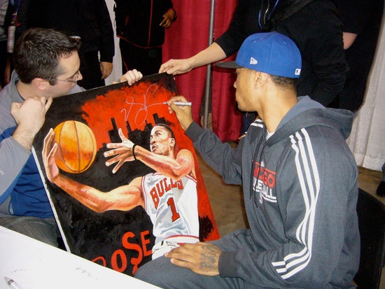 derrick rose, "point of attack" 30x45 orig, auto rose