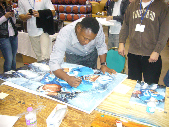 barry sanders, "catch me if you can" 30x45 orig, auto sanders