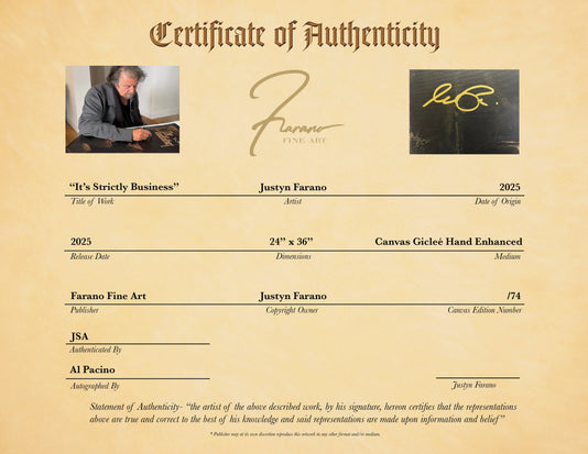 al pacino, "it's strictly business" 24x36 auto aroc, auto pacino, l.e. 74