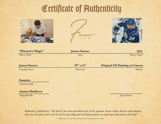 auston matthews, "maestro's magic" 24x36 auto aroc, auto matthews, l.e. 34