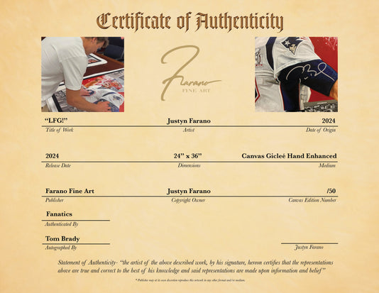 tom brady, "lfg!" 24x36 auto aroc, auto brady, l.e. 50