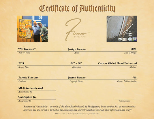 cal ripken jr., "no excuses" 24x36 auto aroc, l.e. 50
