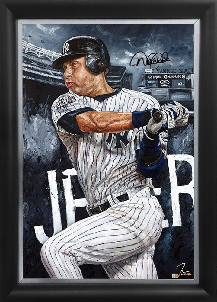 An original oil painting of Derek Jeter in a New York Yankees baseball uniform, with a black and gray color palette, signed by the artist Justyn Farano.