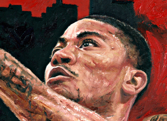 derrick rose, "point of attack" 30x45 orig, auto rose