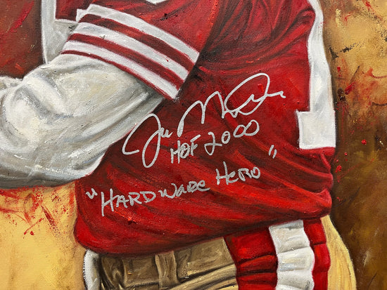 joe montana, "hardware hero" 30x45 orig auto montana