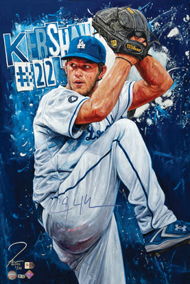 clayton kershaw, "hitless in hollywood" 24x36 auto aroc, l.e. 22
