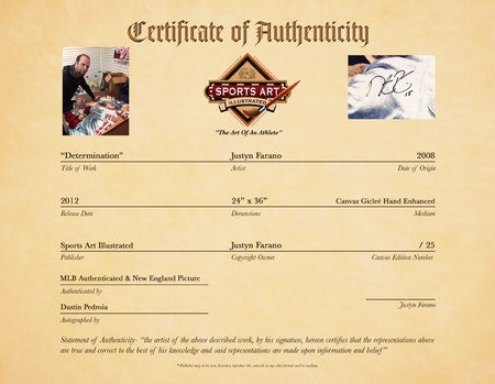dustin pedroia, "determination" 24x36 auto aroc, l.e. 25