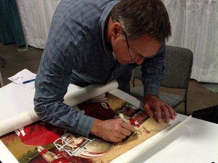 joe montana, "triumphant" 24x36 auto aroc w/montana + clark, w 'the catch' drawn play, l.e. 5