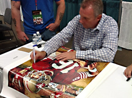 joe montana, "triumphant" 24x36 auto aroc w/montana + clark, w 'the catch' drawn play, l.e. 5
