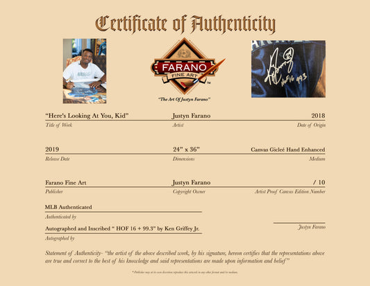 ken griffey jr., "here's looking at you, kid" 24x36 auto aroc w/ 'hof 2016 + 99.3' ins, artist proof, l.e. 10