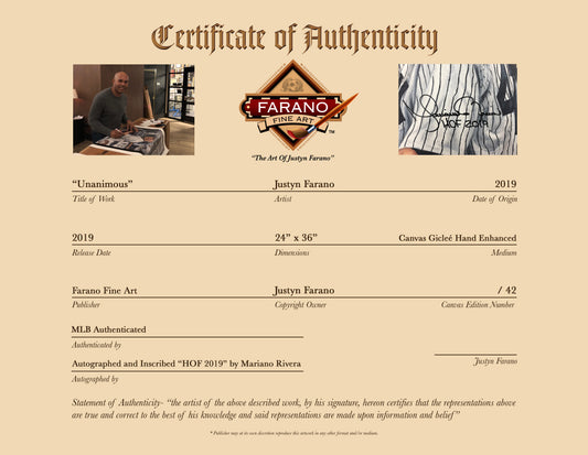 mariano rivera, "unanimous" 24x36 auto aroc, l.e. 42