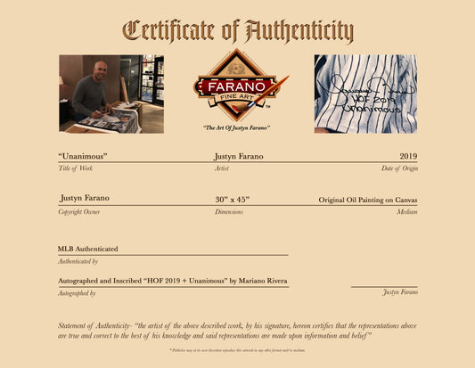 mariano rivera, "unanimous" 30x45 orig, auto rivera w 'hof 2019 & unanimous' ins