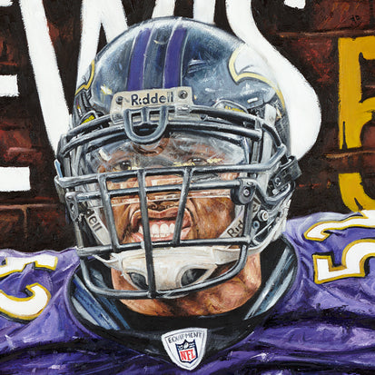ray lewis, "mayhem in the middle" 30x45 orig, auto lewis
